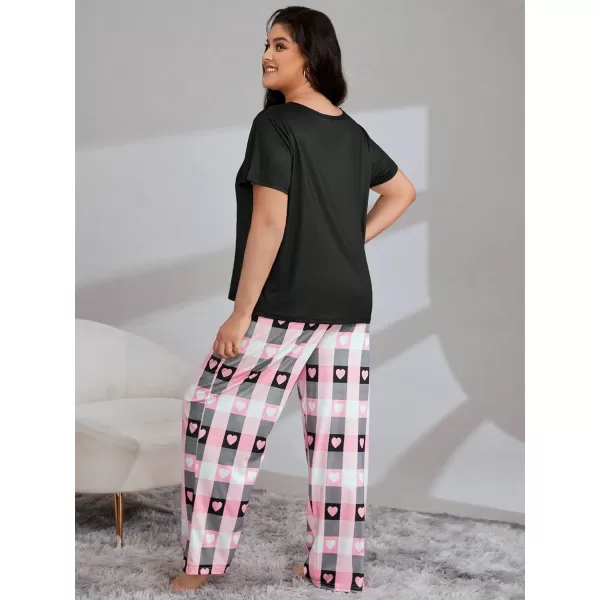 WDIRARA Women's Plus Size Short Sleeve Top And Pants Cute Pajama Lounge Set With Eyemask