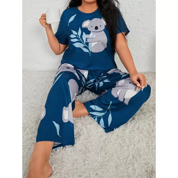 WDIRARA Women's Plus Size Short Sleeve Top And Pants Cute Pajama Lounge Set With Eyemask