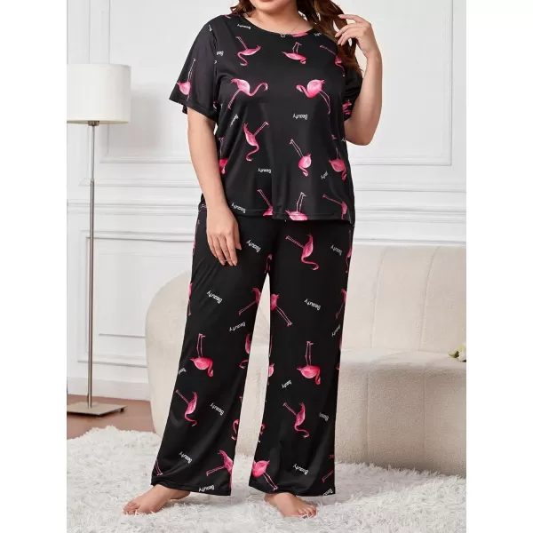 WDIRARA Women's Plus Size Short Sleeve Top And Pants Cute Pajama Lounge Set With Eyemask