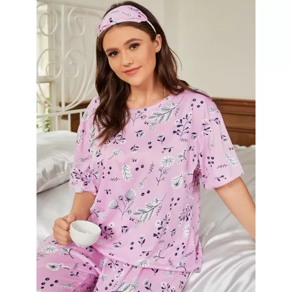 WDIRARA Women's Plus Size Short Sleeve Top And Pants Cute Pajama Lounge Set With Eyemask