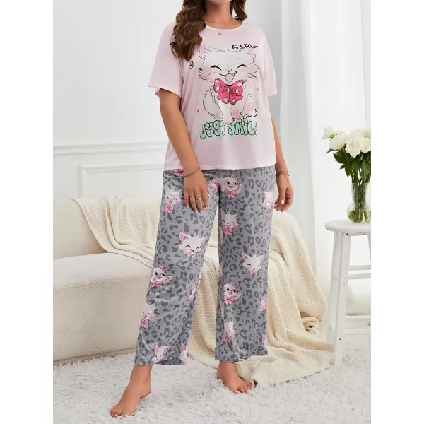 WDIRARA Women's Plus Size Short Sleeve Top And Pants Cute Pajama Lounge Set With Eyemask