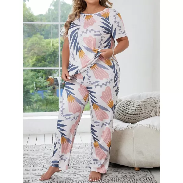 WDIRARA Women's Plus Size Short Sleeve Top And Pants Cute Pajama Lounge Set With Eyemask