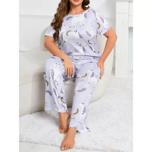 WDIRARA Women's Plus Size Short Sleeve Top And Pants Cute Pajama Lounge Set With Eyemask