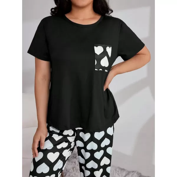 WDIRARA Women's Plus Size Short Sleeve Top And Pants Cute Pajama Lounge Set With Eyemask