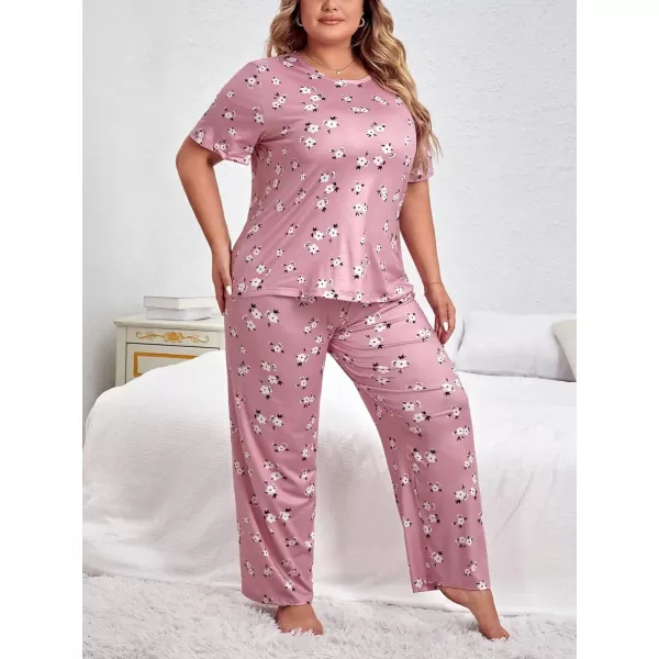 WDIRARA Women's Plus Size Short Sleeve Top And Pants Cute Pajama Lounge Set With Eyemask