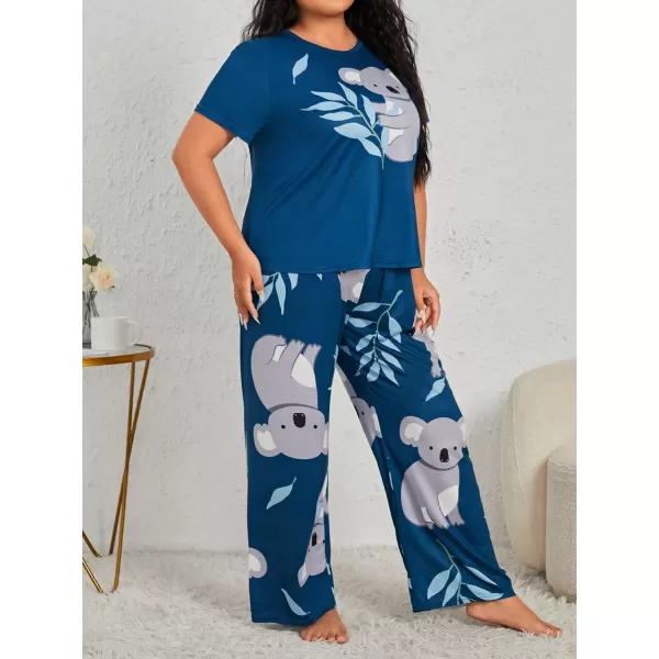 WDIRARA Women's Plus Size Short Sleeve Top And Pants Cute Pajama Lounge Set With Eyemask