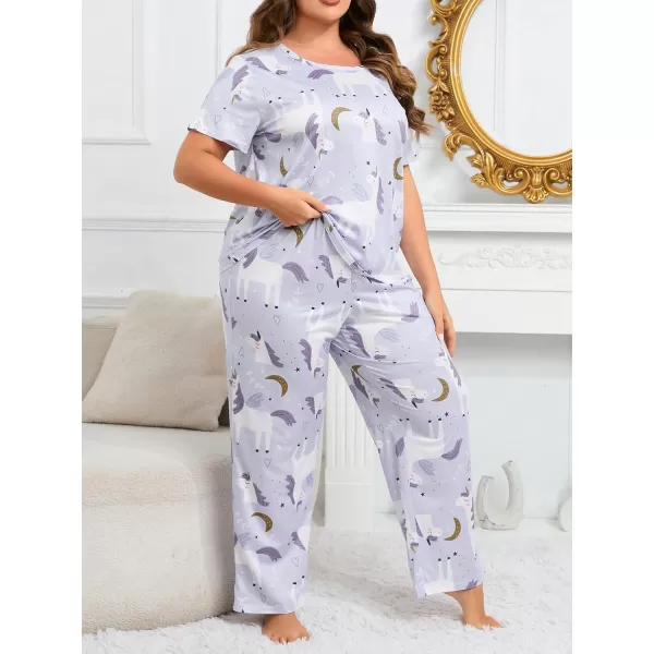 WDIRARA Women's Plus Size Short Sleeve Top And Pants Cute Pajama Lounge Set With Eyemask