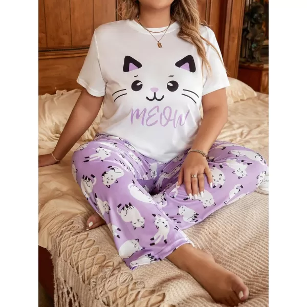 WDIRARA Women's Plus Size Short Sleeve Top And Pants Cute Pajama Lounge Set With Eyemask