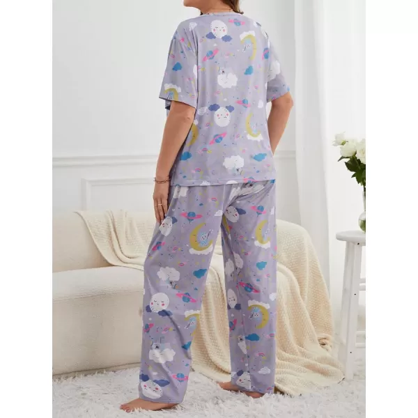 WDIRARA Women's Plus Size Short Sleeve Top And Pants Cute Pajama Lounge Set With Eyemask