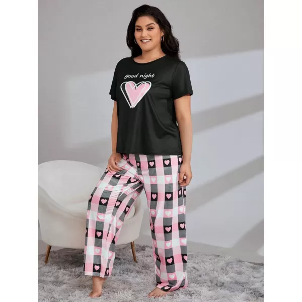 WDIRARA Women's Plus Size Short Sleeve Top And Pants Cute Pajama Lounge Set With Eyemask