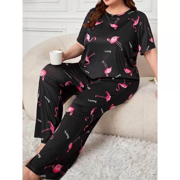 WDIRARA Women's Plus Size Short Sleeve Top And Pants Cute Pajama Lounge Set With Eyemask