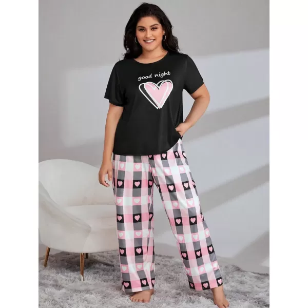 WDIRARA Women's Plus Size Short Sleeve Top And Pants Cute Pajama Lounge Set With Eyemask