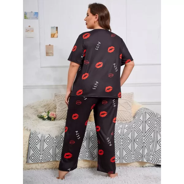 WDIRARA Women's Plus Size Short Sleeve Top And Pants Cute Pajama Lounge Set With Eyemask