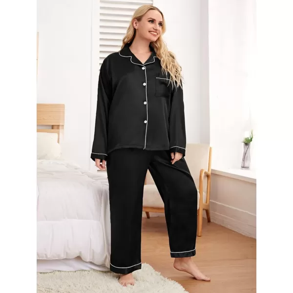 WDIRARA Women's Plus Size Sleepwear Contrast Binding 2 Piece Satin Pajama Set Loungewear