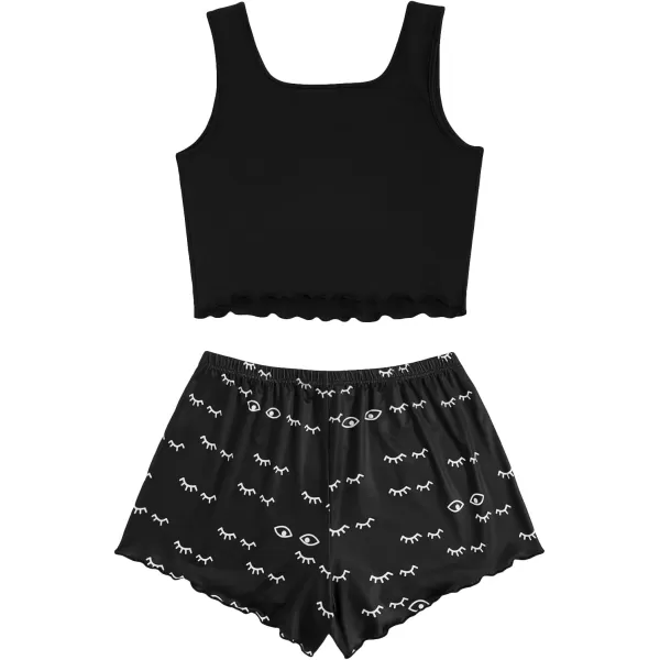 WDIRARA Women's Plus Size Sleepwear Cute Cartoon Print Scalloped Tank Top And Shorts Pajama Set