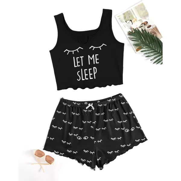 WDIRARA Women's Plus Size Sleepwear Cute Cartoon Print Scalloped Tank Top And Shorts Pajama Set