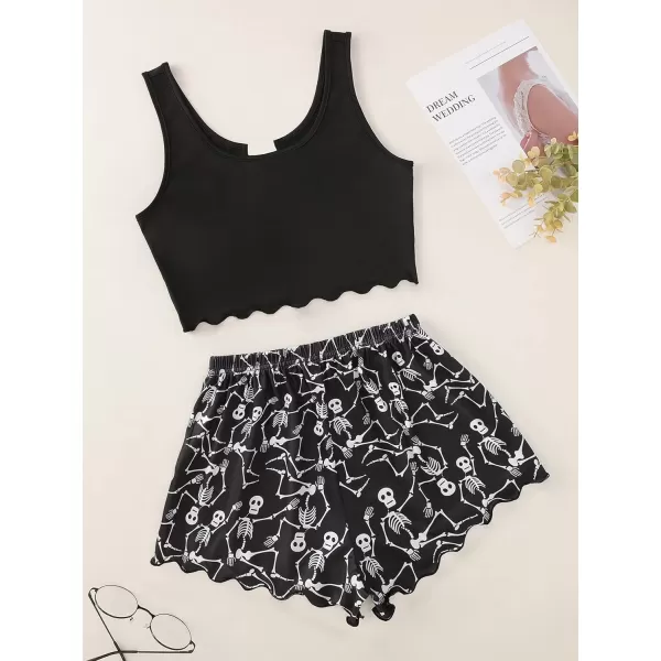 WDIRARA Women's Plus Size Sleepwear Cute Cartoon Print Scalloped Tank Top And Shorts Pajama Set