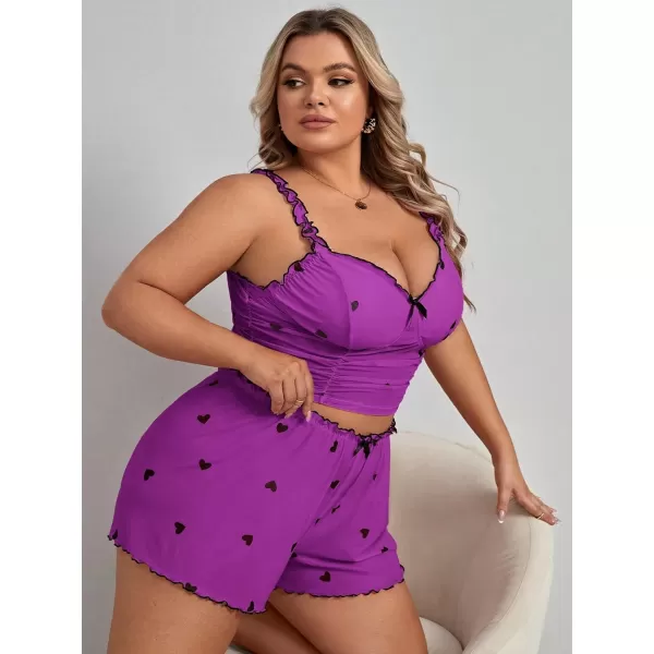 WDIRARA Women's Plus Size Sleepwear Heart Print Ruched Lettuce Trim Cami Top and Shorts Pajama Set
