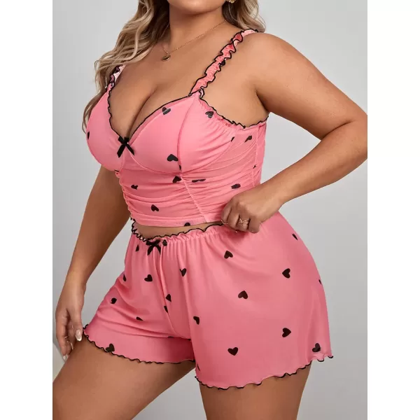 WDIRARA Women's Plus Size Sleepwear Heart Print Ruched Lettuce Trim Cami Top and Shorts Pajama Set