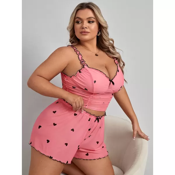 WDIRARA Women's Plus Size Sleepwear Heart Print Ruched Lettuce Trim Cami Top and Shorts Pajama Set