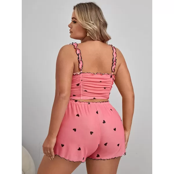 WDIRARA Women's Plus Size Sleepwear Heart Print Ruched Lettuce Trim Cami Top and Shorts Pajama Set
