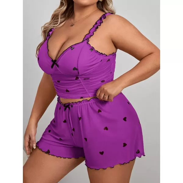 WDIRARA Women's Plus Size Sleepwear Heart Print Ruched Lettuce Trim Cami Top and Shorts Pajama Set