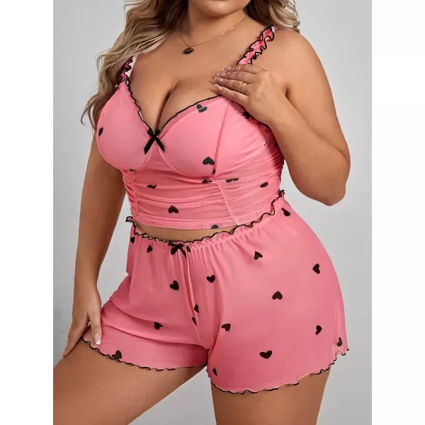 WDIRARA Women's Plus Size Sleepwear Heart Print Ruched Lettuce Trim Cami Top and Shorts Pajama Set
