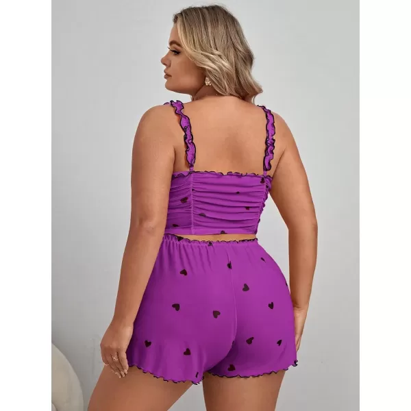 WDIRARA Women's Plus Size Sleepwear Heart Print Ruched Lettuce Trim Cami Top and Shorts Pajama Set