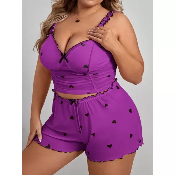 WDIRARA Women's Plus Size Sleepwear Heart Print Ruched Lettuce Trim Cami Top and Shorts Pajama Set