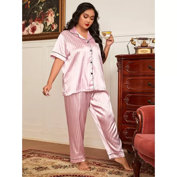 WDIRARA Women's Plus Size Sleepwear Striped 2 Piece Satin Pajama Set Short Sleeve Loungewear