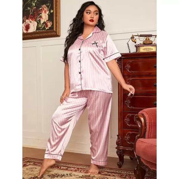 WDIRARA Women's Plus Size Sleepwear Striped 2 Piece Satin Pajama Set Short Sleeve Loungewear