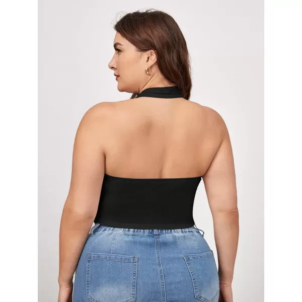 WDIRARA Women's Plus Size Sleeveless Backless Rib Knit Crop Halter Top