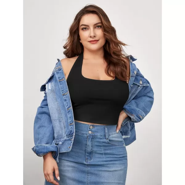 WDIRARA Women's Plus Size Sleeveless Backless Rib Knit Crop Halter Top