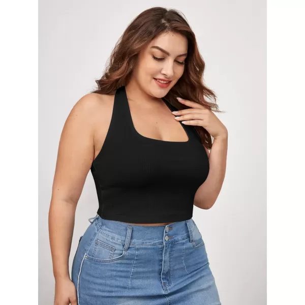 WDIRARA Women's Plus Size Sleeveless Backless Rib Knit Crop Halter Top
