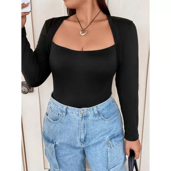 WDIRARA Women's Plus Size Solid Square Neck Long Sleeve Slim Fit Stretchy Bodysuit Tops