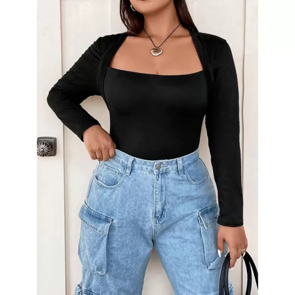 WDIRARA Women's Plus Size Solid Square Neck Long Sleeve Slim Fit Stretchy Bodysuit Tops