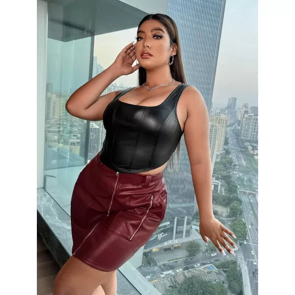 WDIRARA Women's Plus Size Spaghetti Strap Pu Leather Crop Cami Top Sexy Camisole