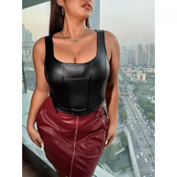 WDIRARA Women's Plus Size Spaghetti Strap Pu Leather Crop Cami Top Sexy Camisole