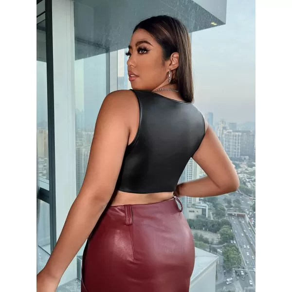 WDIRARA Women's Plus Size Spaghetti Strap Pu Leather Crop Cami Top Sexy Camisole
