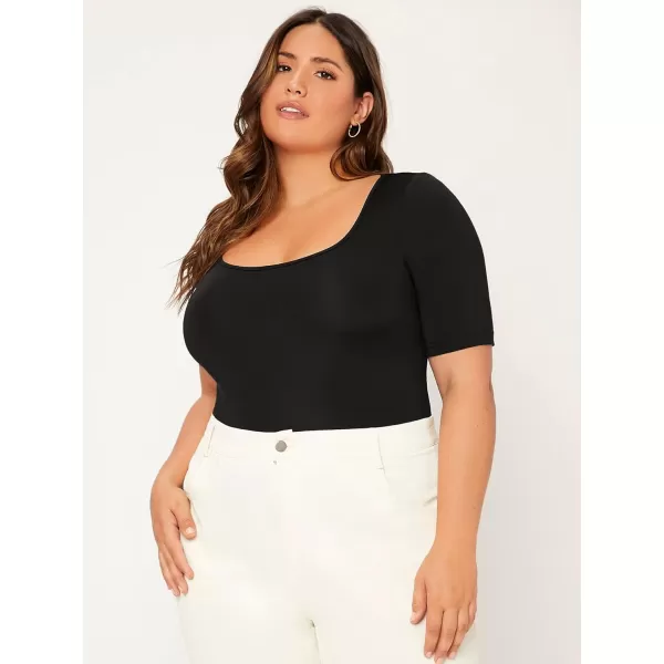 WDIRARA Women's Plus Size Square Neck Short Sleeve Basic Bodysuit Casual Tee