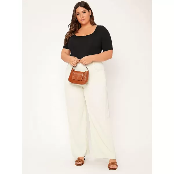 WDIRARA Women's Plus Size Square Neck Short Sleeve Basic Bodysuit Casual Tee