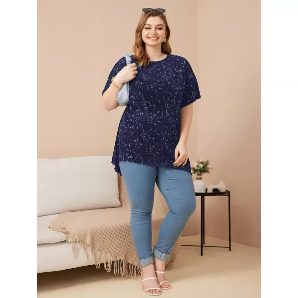 WDIRARA Women's Plus Size Star Print Mesh Glitter Round Neck Short Sleeve Oversized Tee Top