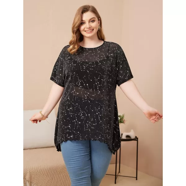 WDIRARA Women's Plus Size Star Print Mesh Glitter Round Neck Short Sleeve Oversized Tee Top