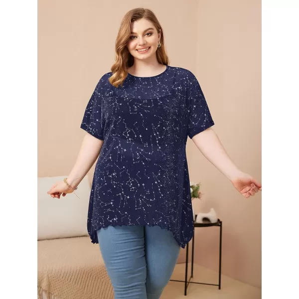 WDIRARA Women's Plus Size Star Print Mesh Glitter Round Neck Short Sleeve Oversized Tee Top