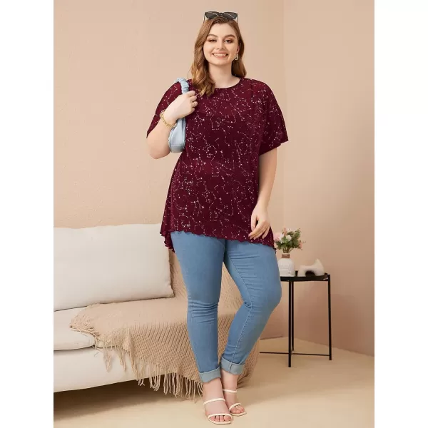 WDIRARA Women's Plus Size Star Print Mesh Glitter Round Neck Short Sleeve Oversized Tee Top