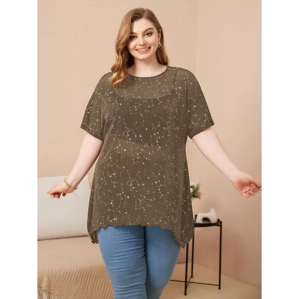 WDIRARA Women's Plus Size Star Print Mesh Glitter Round Neck Short Sleeve Oversized Tee Top
