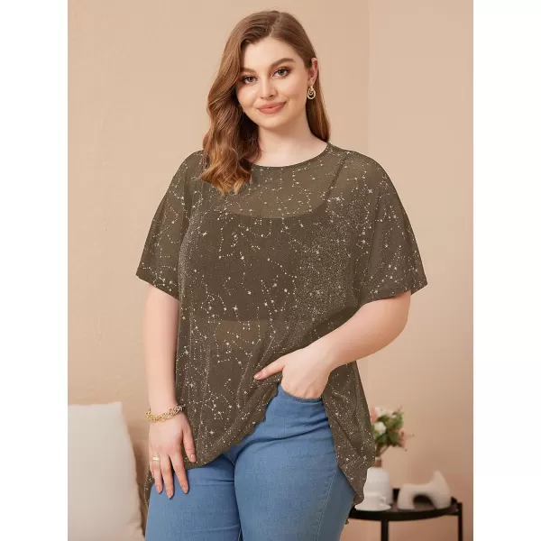WDIRARA Women's Plus Size Star Print Mesh Glitter Round Neck Short Sleeve Oversized Tee Top