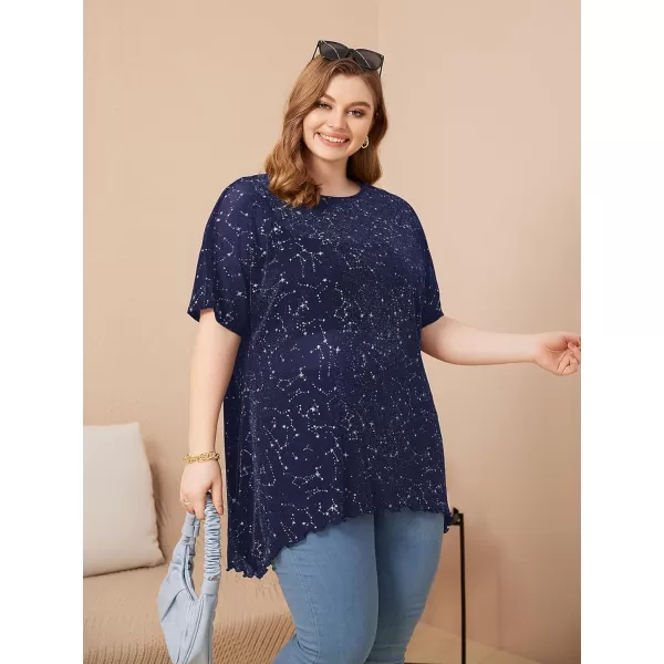 WDIRARA Women's Plus Size Star Print Mesh Glitter Round Neck Short Sleeve Oversized Tee Top