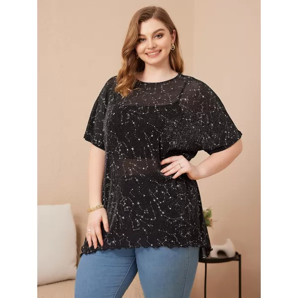 WDIRARA Women's Plus Size Star Print Mesh Glitter Round Neck Short Sleeve Oversized Tee Top