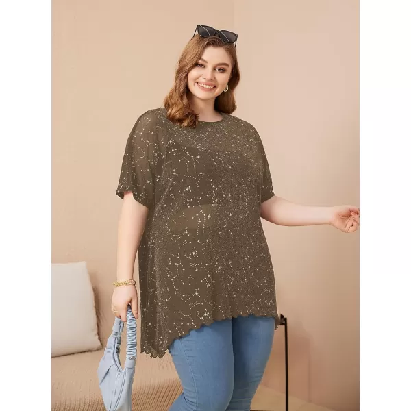 WDIRARA Women's Plus Size Star Print Mesh Glitter Round Neck Short Sleeve Oversized Tee Top